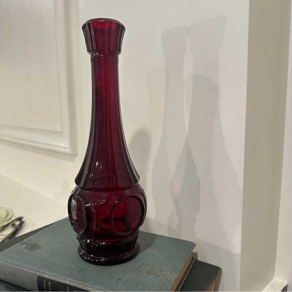Vintage Wheaton Depression glass ruby red 9” bud vase heavy tapered mid century
